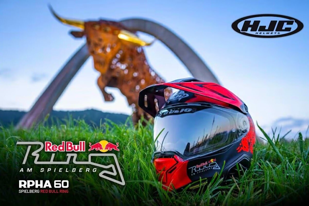 casque moto dual-sport HJC RPHA 60 Spielberg Red Bull Ring deco rouge bleu finition mate ECE 22.06