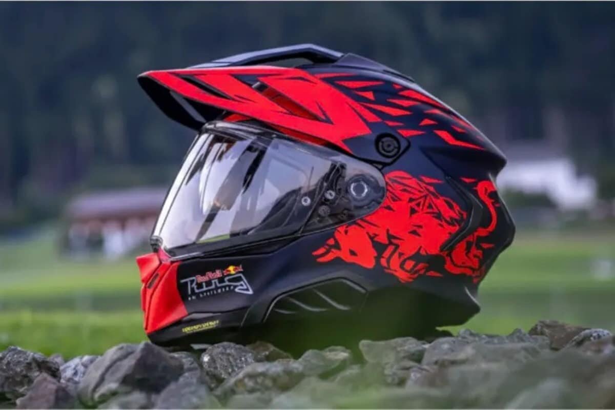 casque moto dual-sport HJC RPHA 60 Spielberg Red Bull Ring deco rouge bleu finition mate ECE 22.06